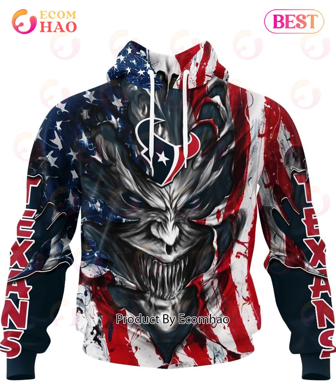 Houston Texans Demon Face American Flag 3D Unisex Hoodie