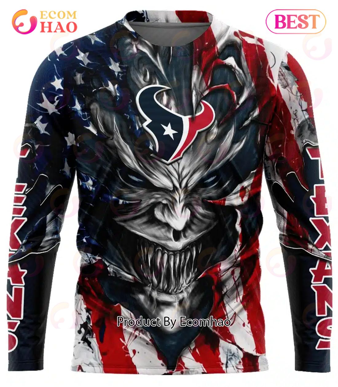 Houston Texans Demon Face American Flag 3D Unisex Hoodie