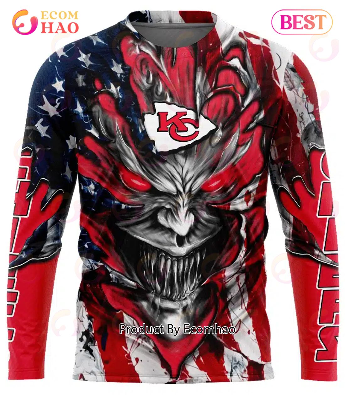 Kansas City Chiefs Demon Face American Flag 3D Unisex Hoodie