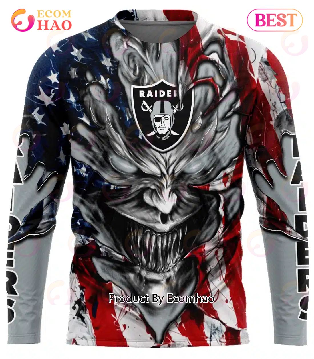 Las Vegas Raiders Demon Face American Flag 3D Unisex Hoodie