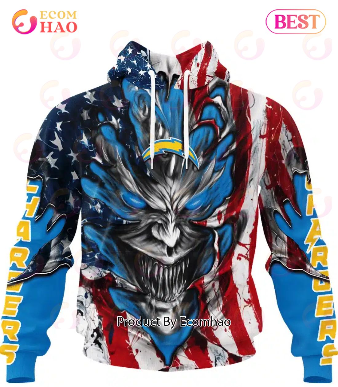 Los Angeles Chargers Demon Face American Flag 3D Unisex Hoodie