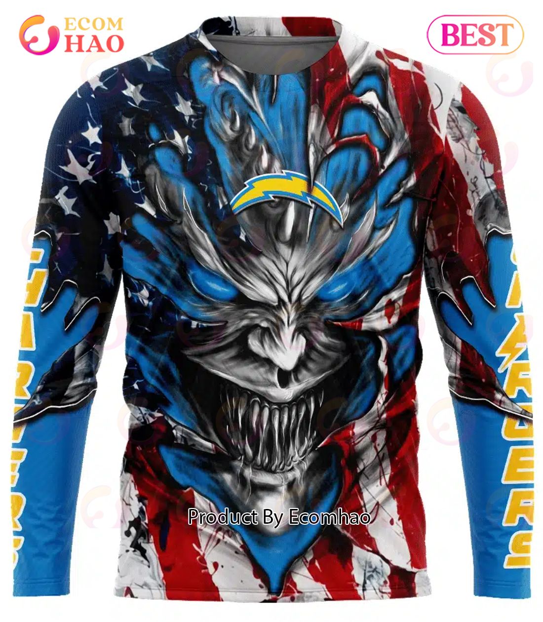 Los Angeles Chargers Demon Face American Flag 3D Unisex Hoodie