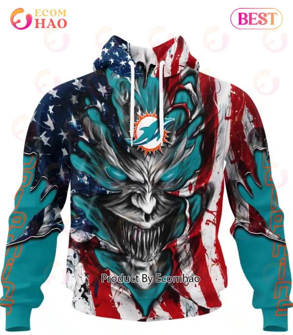 Miami Dolphins Demon Face American Flag 3D Unisex Hoodie
