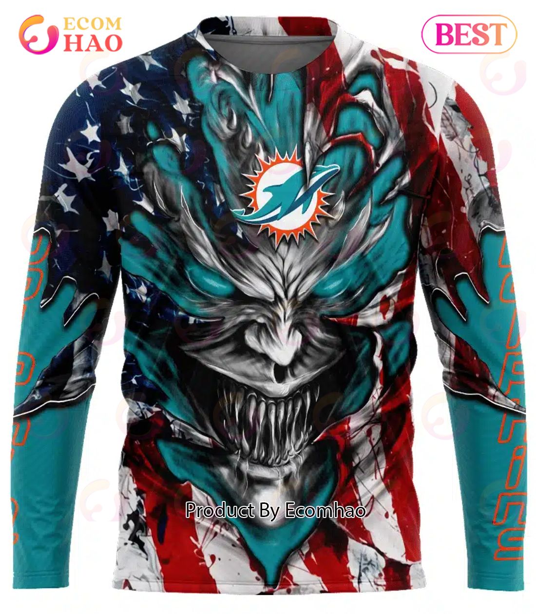 Miami Dolphins Demon Face American Flag 3D Unisex Hoodie