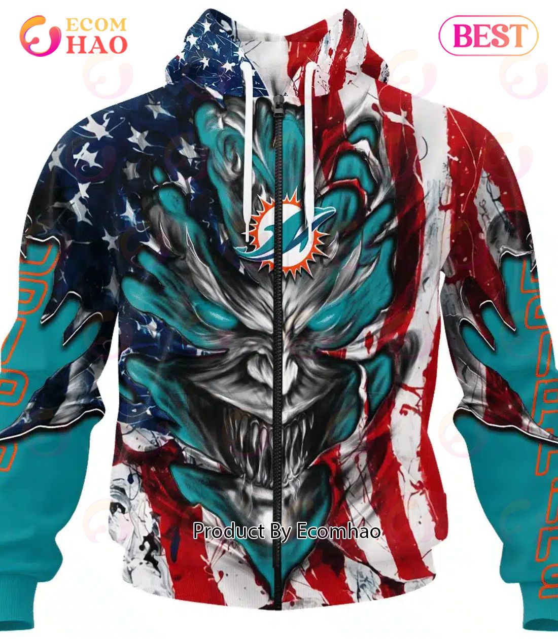 Youth Miami Dolphins Hoodie 3D Comfortable USA Flag Blue Miami