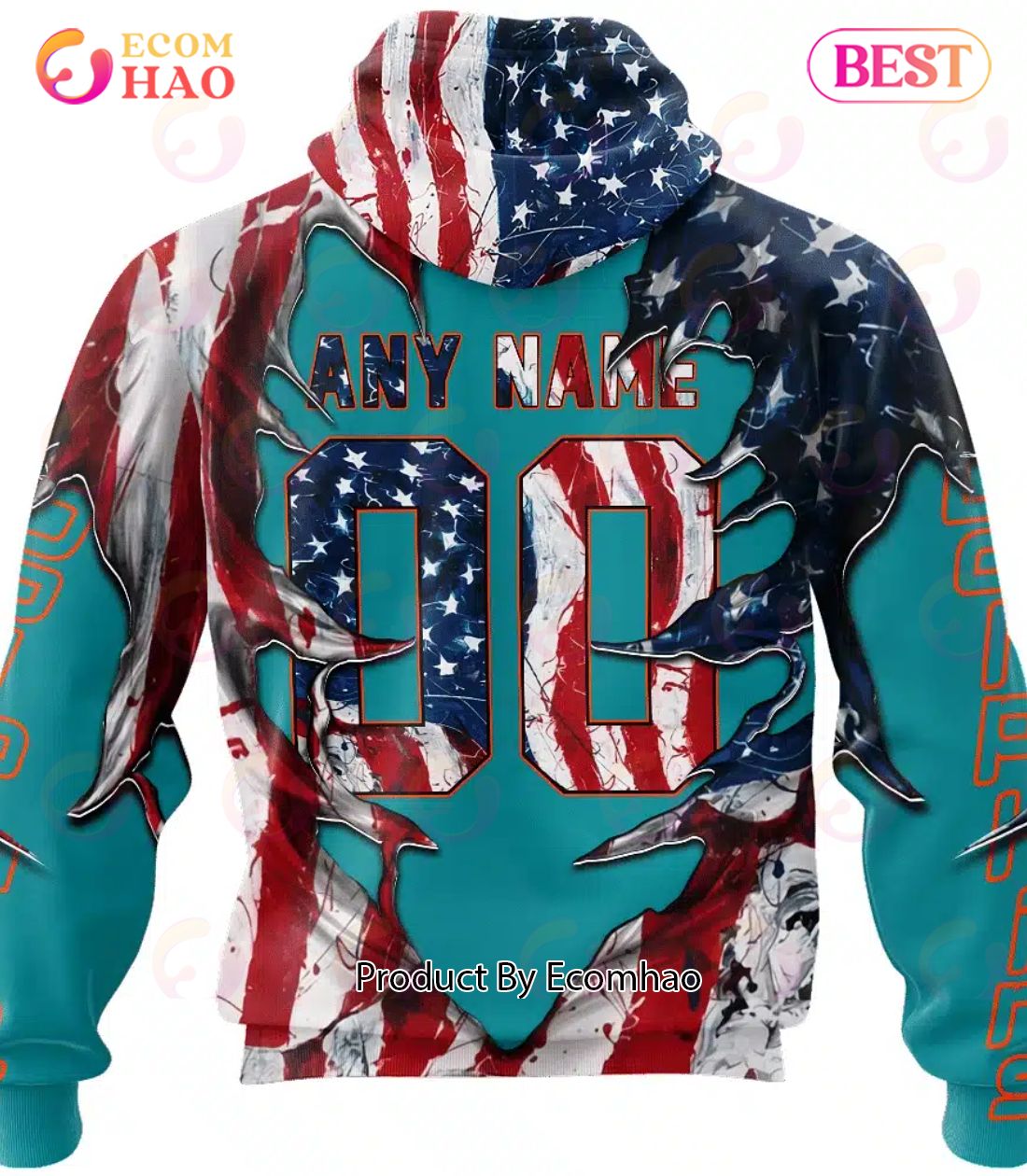 Youth Miami Dolphins Hoodie 3D Comfortable USA Flag Blue Miami