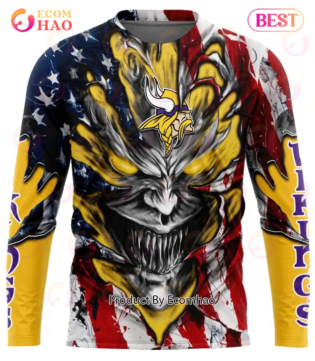 Minnesota Vikings Demon Face American Flag 3D Unisex Hoodie