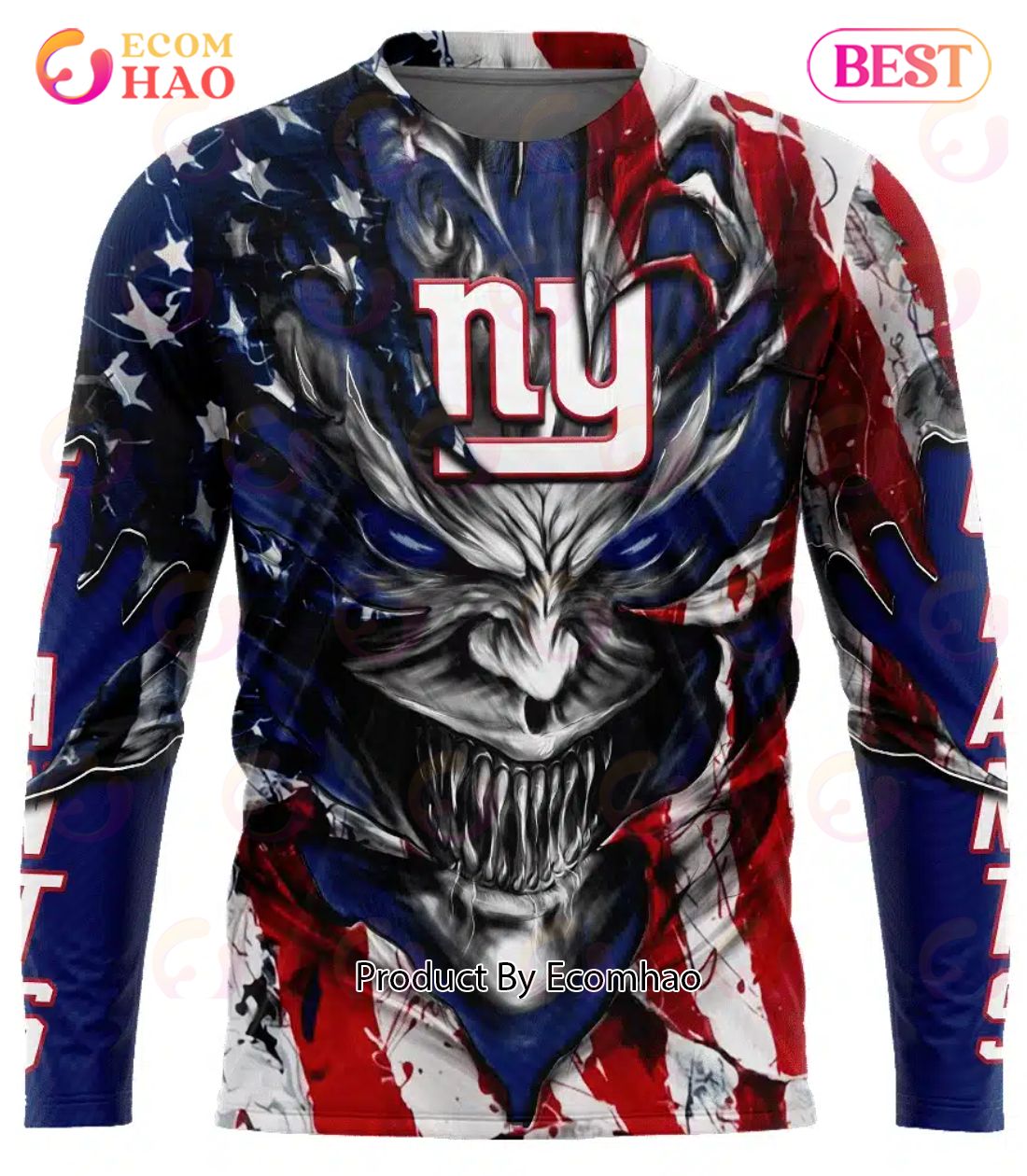 New York Giants Demon Face American Flag 3D Unisex Hoodie