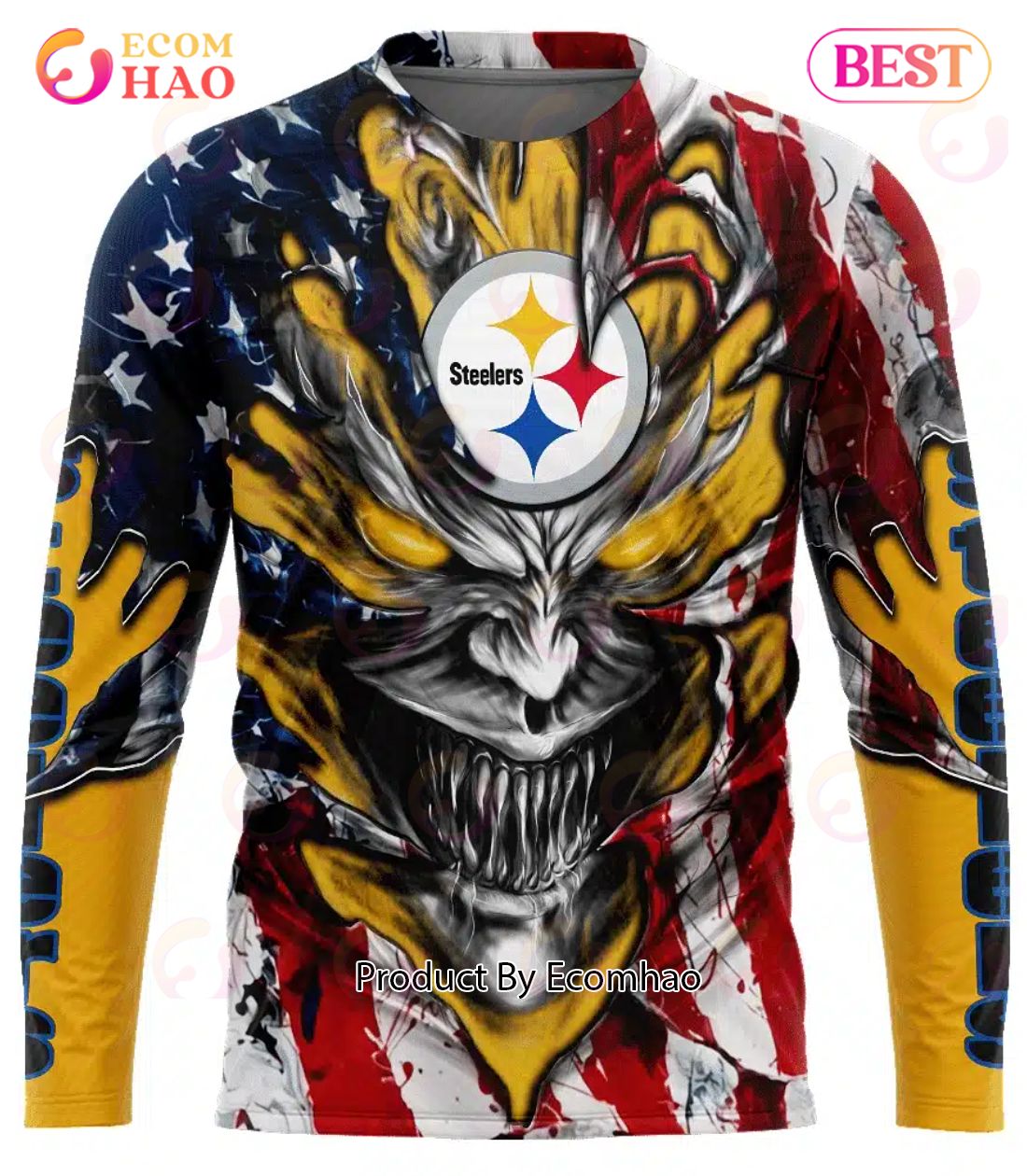 Pittsburgh Steelers Demon Face American Flag 3D Unisex Hoodie