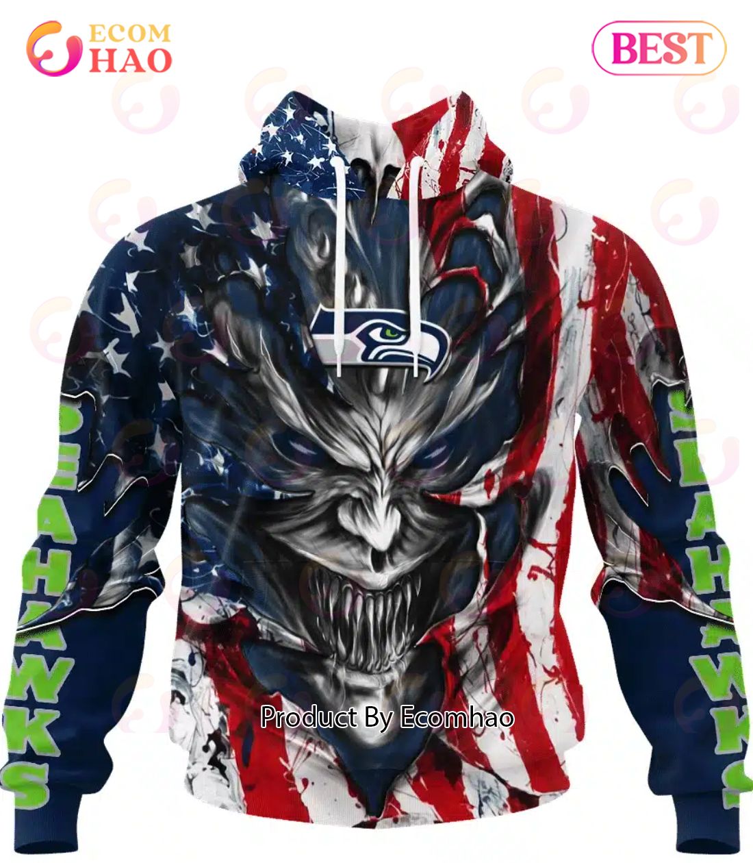 Seattle Seahawks Demon Face American Flag 3D Unisex Hoodie