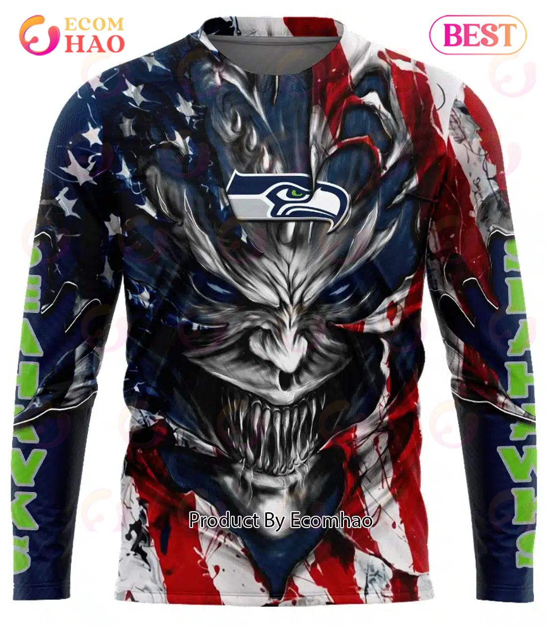 Seattle Seahawks Demon Face American Flag 3D Unisex Hoodie