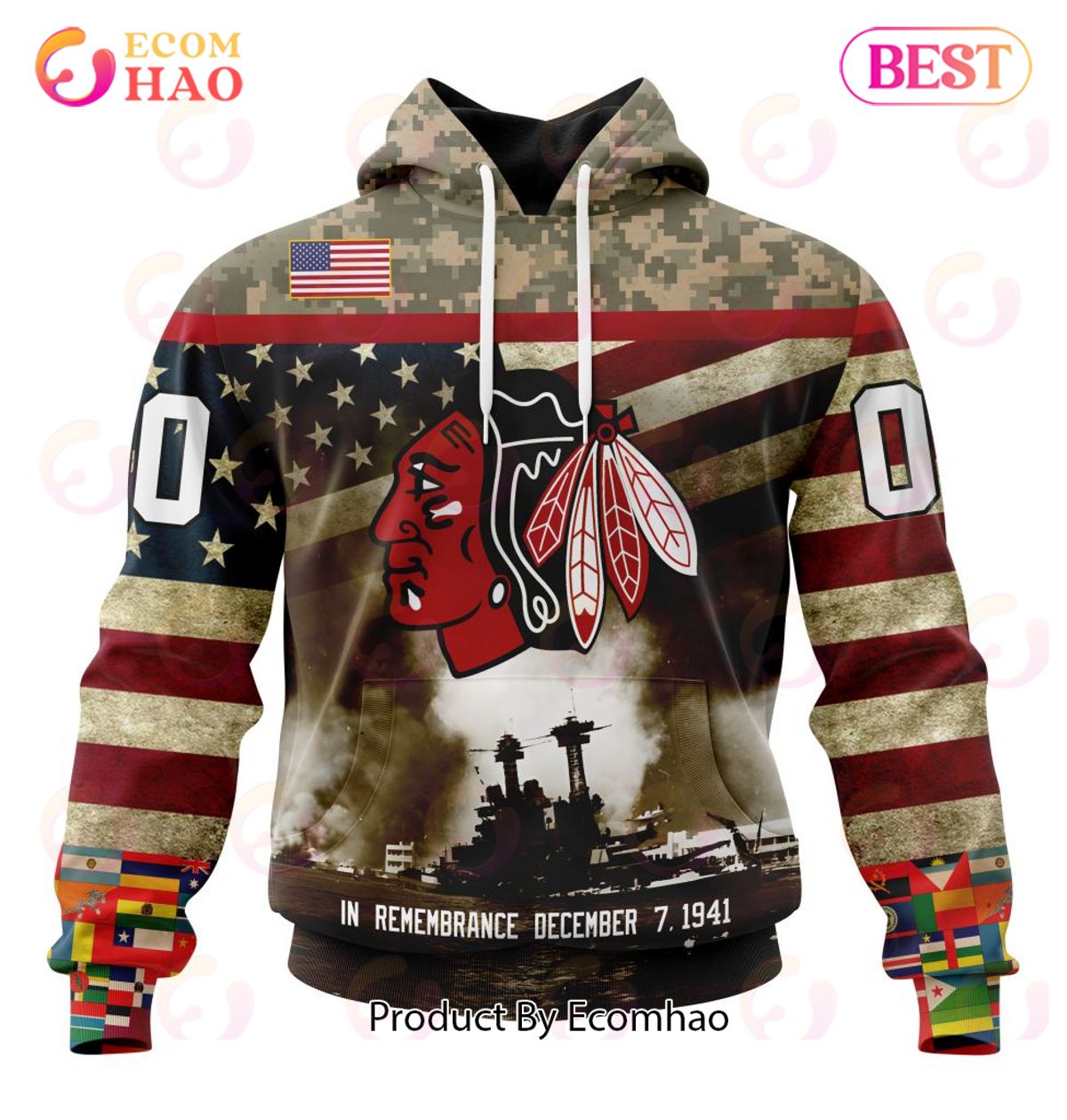 NHL Chicago BlackHawks Specialized Unisex Kits Remember Pearl Harbor 3D Hoodie