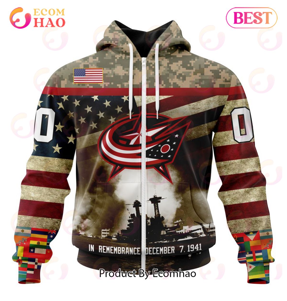 NHL Columbus Blue Jackets Specialized Unisex Kits Remember Pearl Harbor 3D Hoodie