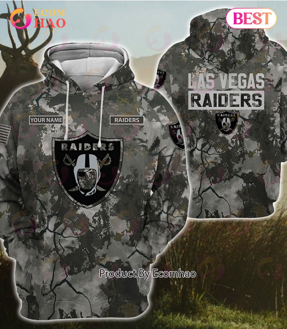 NFL Las Vegas Raiders Personalized Your Name Hungting Camo Style 3D Hoodie,T Shirt, Sweatshirt, Zipper