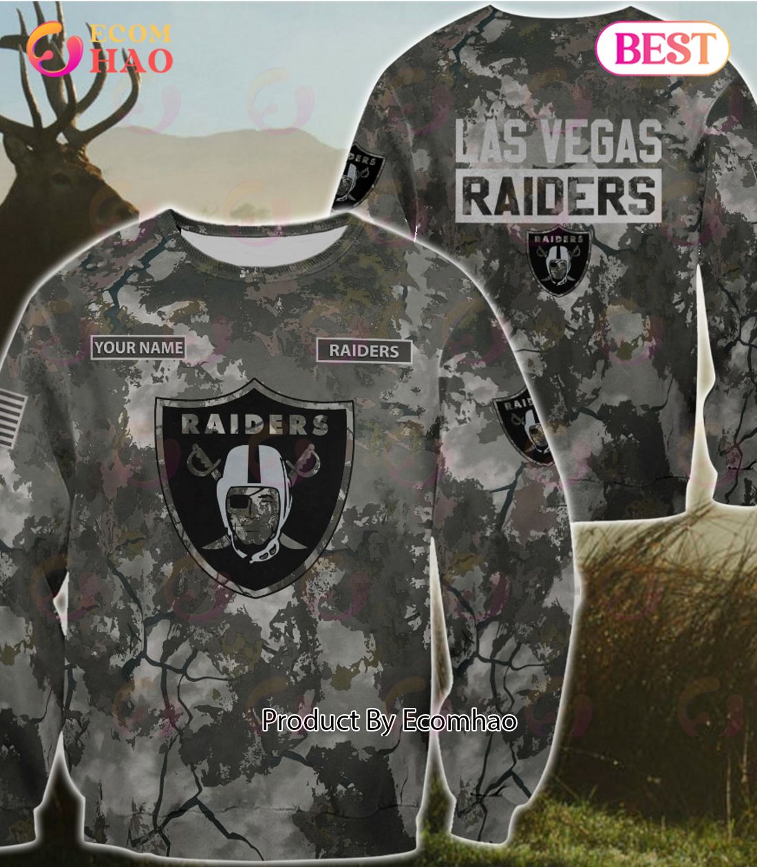 NFL Las Vegas Raiders Personalized Your Name Hungting Camo Style 3D Hoodie,T Shirt, Sweatshirt, Zipper