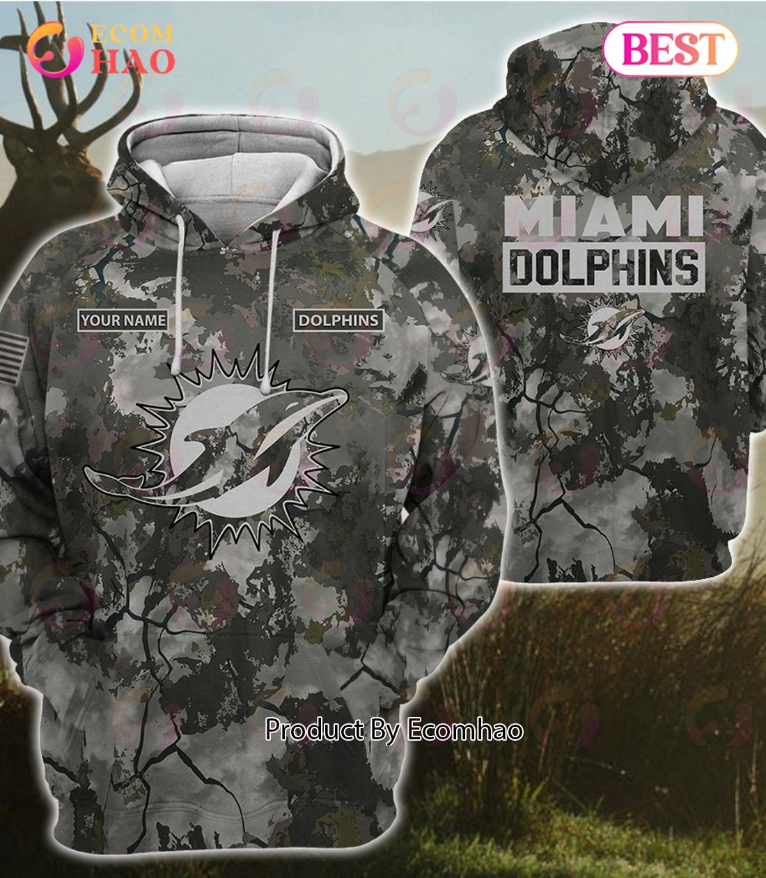 Miami Dolphins NFL Personalized Your Name Fishing Camo Hoodie 3D All Over  Print