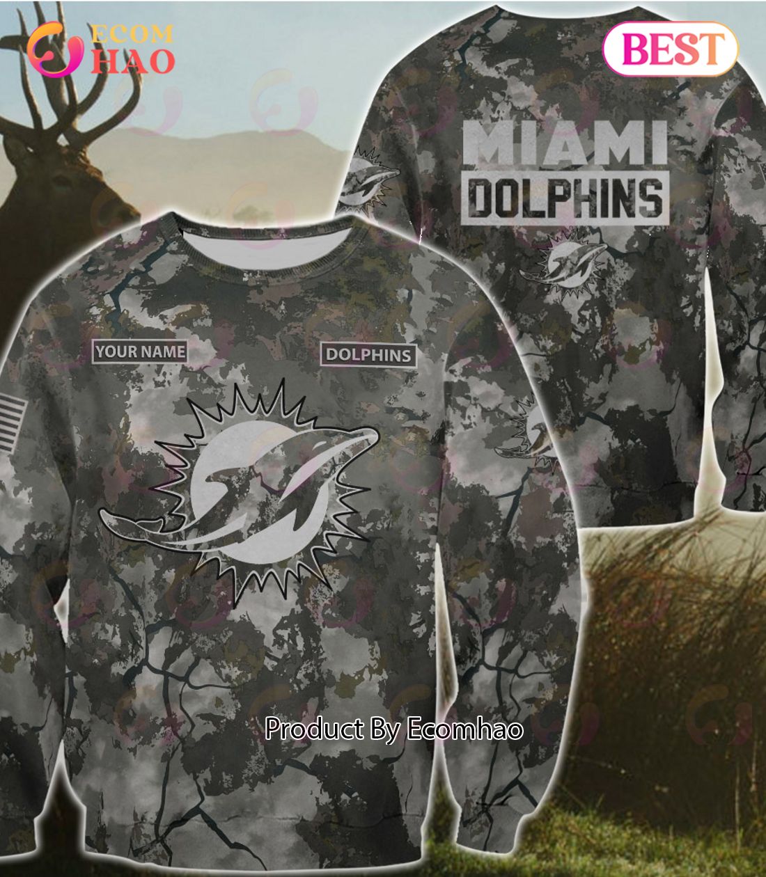 NFL Miami Dolphins Personalized Your Name Hungting Camo Style 3D Hoodie,T Shirt, Sweatshirt, Zipper