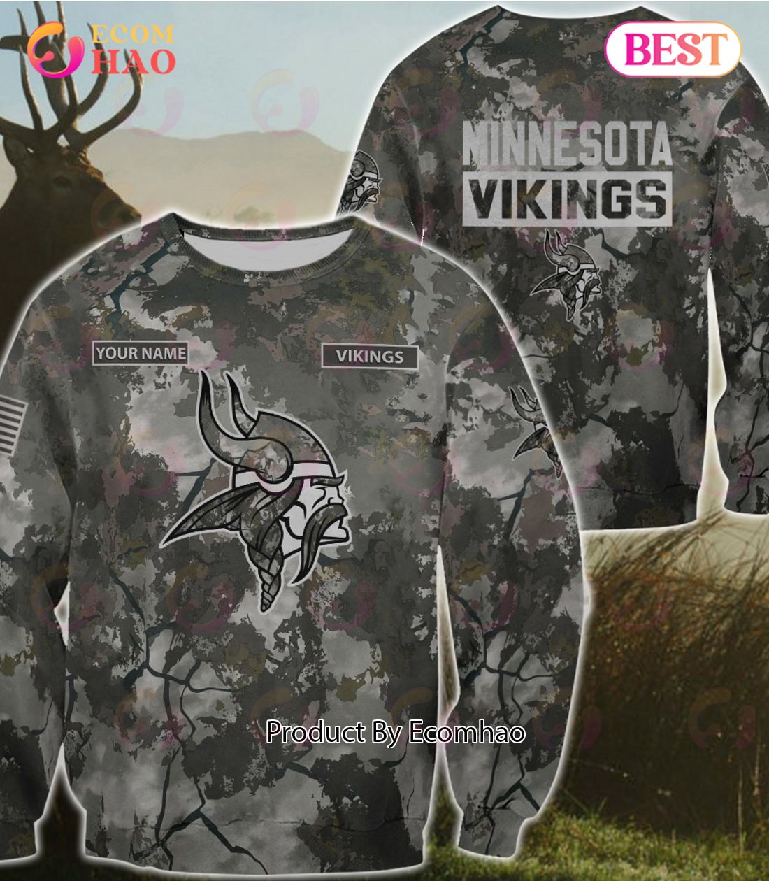 NFL Minnesota Vikings Personalized Your Name Hungting Camo Style 3D Hoodie,T Shirt, Sweatshirt, Zipper