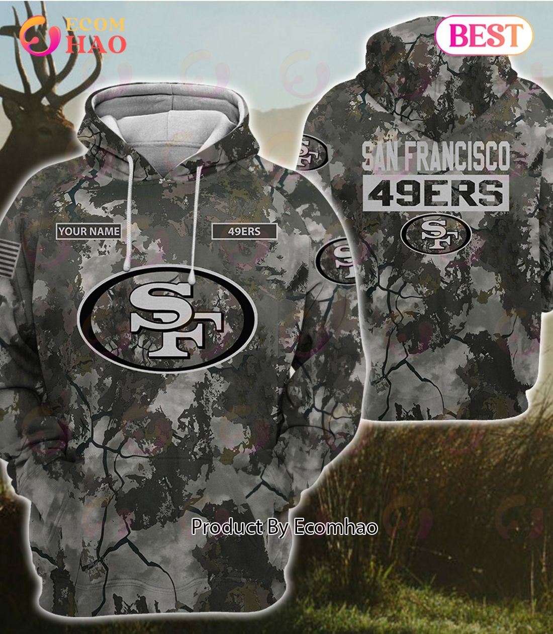 NFL San Francisco 49ers Personalized Your Name Hungting Camo Style 3D Hoodie,T Shirt, Sweatshirt, Zipper