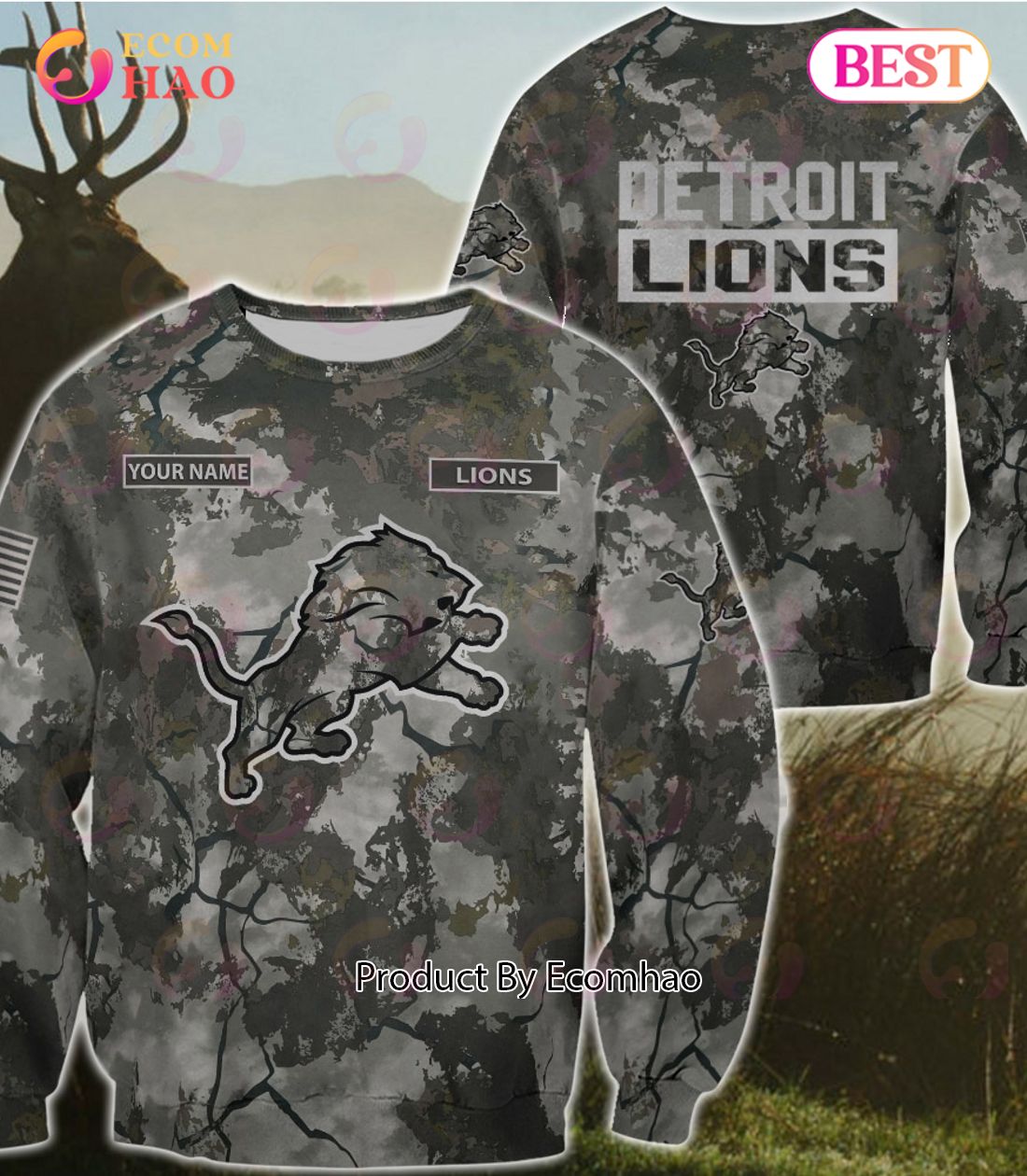 NFL Detroit Lions Personalized Your Name Hungting Camo Style 3D Hoodie,T Shirt, Sweatshirt, Zipper