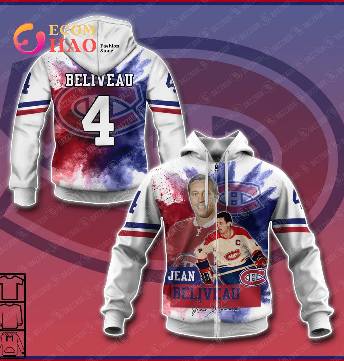 3D Hoodie Jean Beliveau 4 Montreal Canadiens