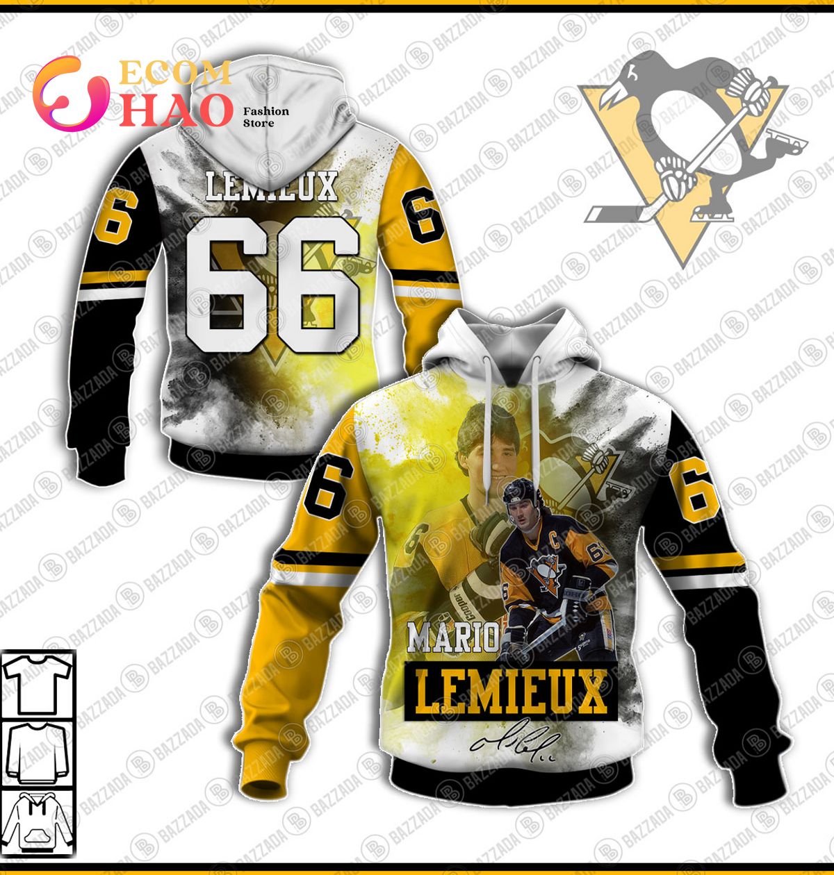 3D Hoodie Mario Lemieux 66 Pittsburgh Penguins