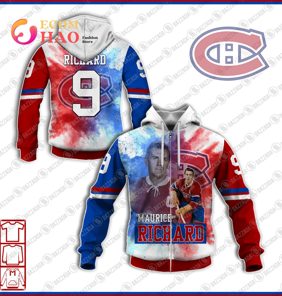 3D Hoodie Maurice Richard 9 Montreal Canadiens