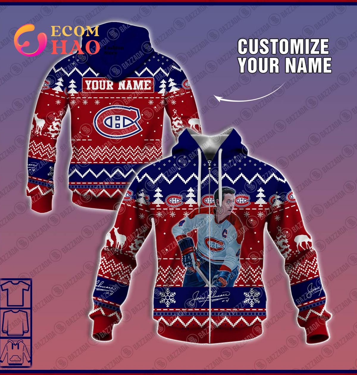 Personalize Name 3D Hoodie Jean Beliveau Montreal Canadiens