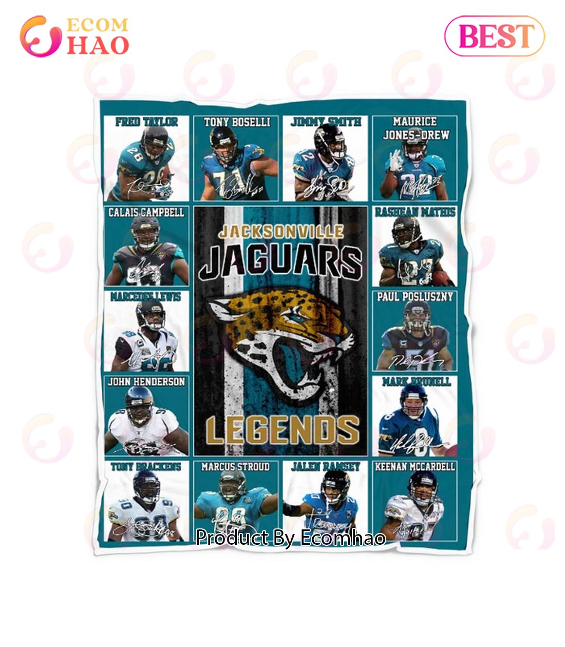 NFL Jacksonville Jaguars Legends Quilt, Fleece Blanket, Sherpa Fleece Blanket