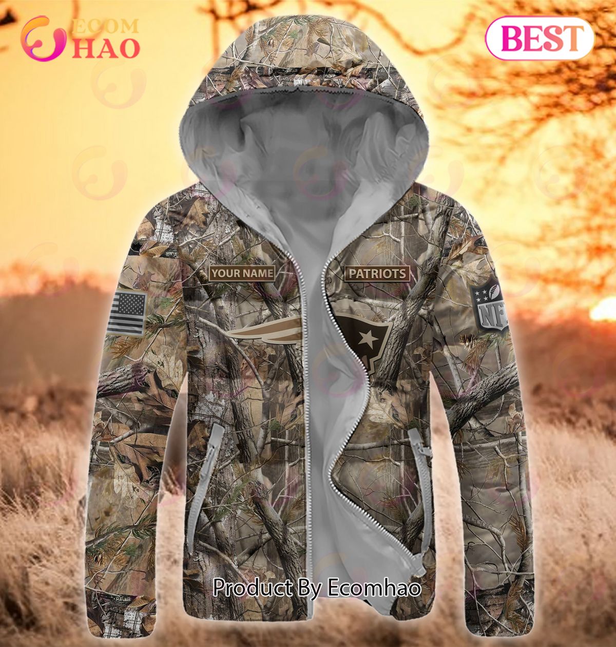 Custom Name NFL New England Patriots Personalized Hunting Camo Full Zip Puffer Jacket