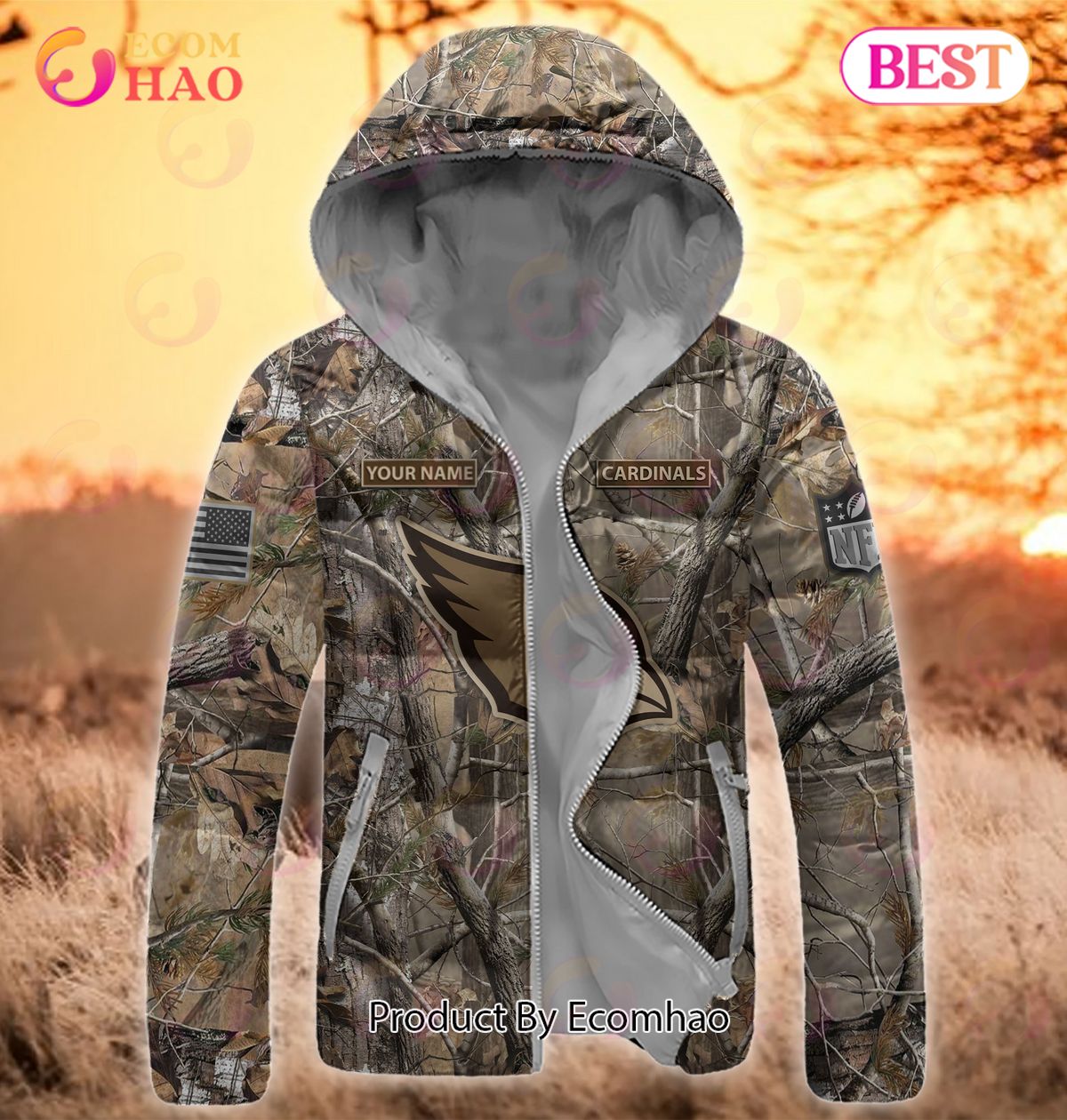 Custom Name NFL Arizona Cardinals Personalized Hunting Camo Full Zip Puffer Jacket