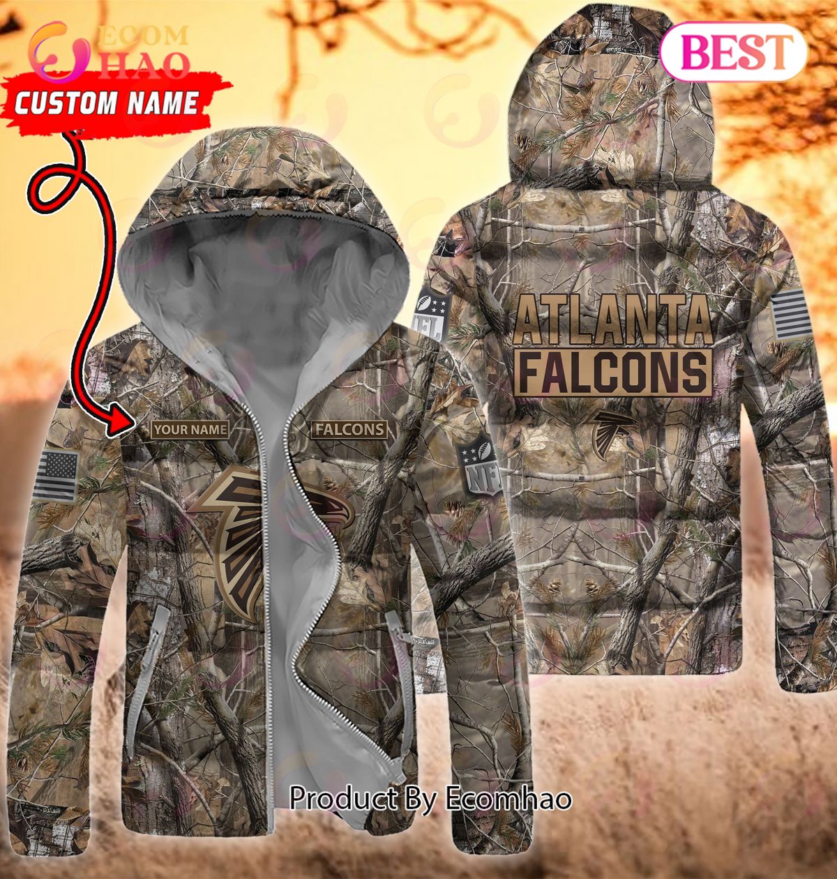 Custom Name NFL Atlanta Falcons Personalized Hunting Camo Full Zip Puffer Jacket