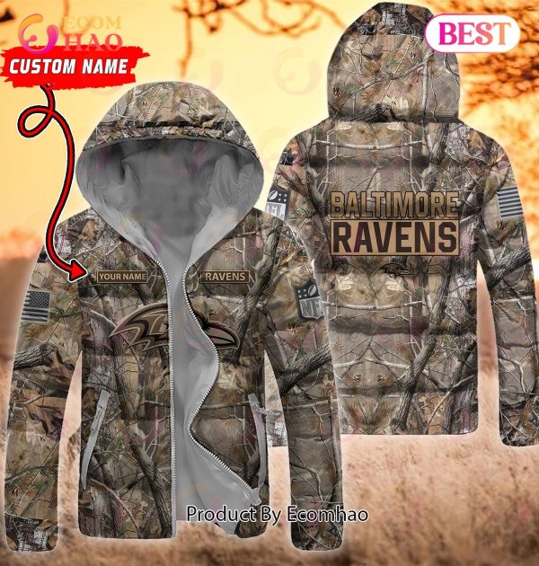 Custom Name NFL Baltimore Ravens Personalized Hunting Camo Full Zip Puffer Jacket