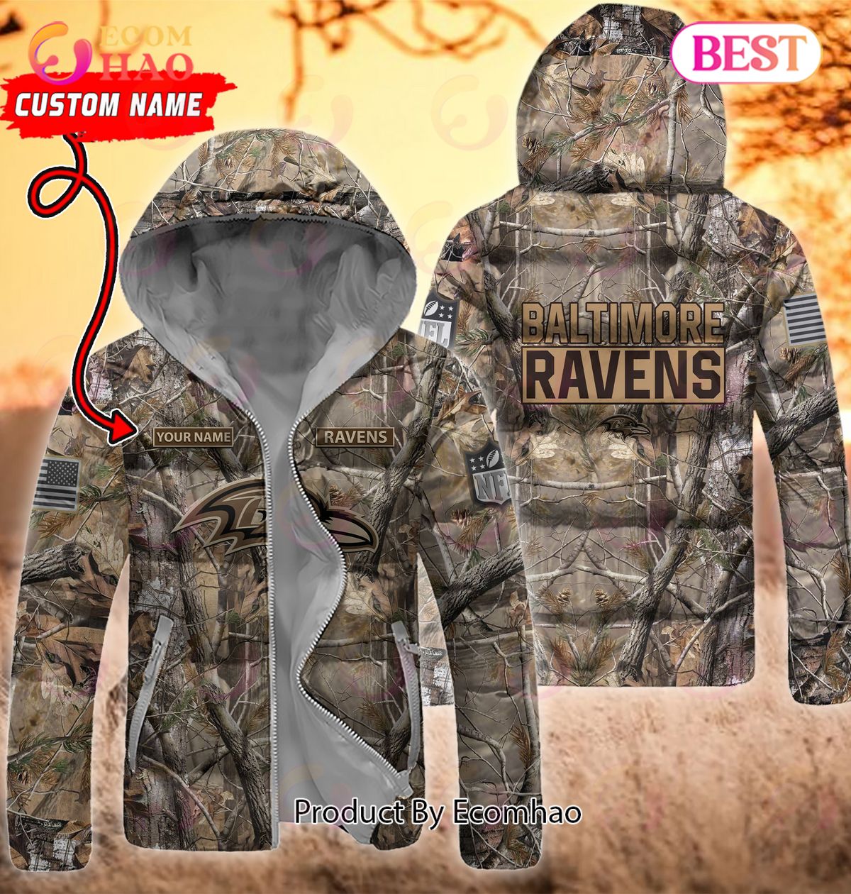 Custom Name NFL Baltimore Ravens Personalized Hunting Camo Full Zip Puffer Jacket