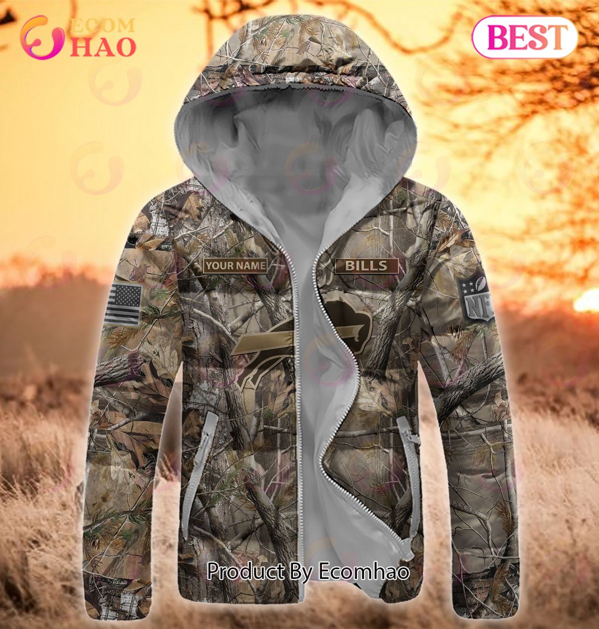 Custom Name NFL Buffalo Bills Personalized Hunting Camo Full Zip Puffer Jacket