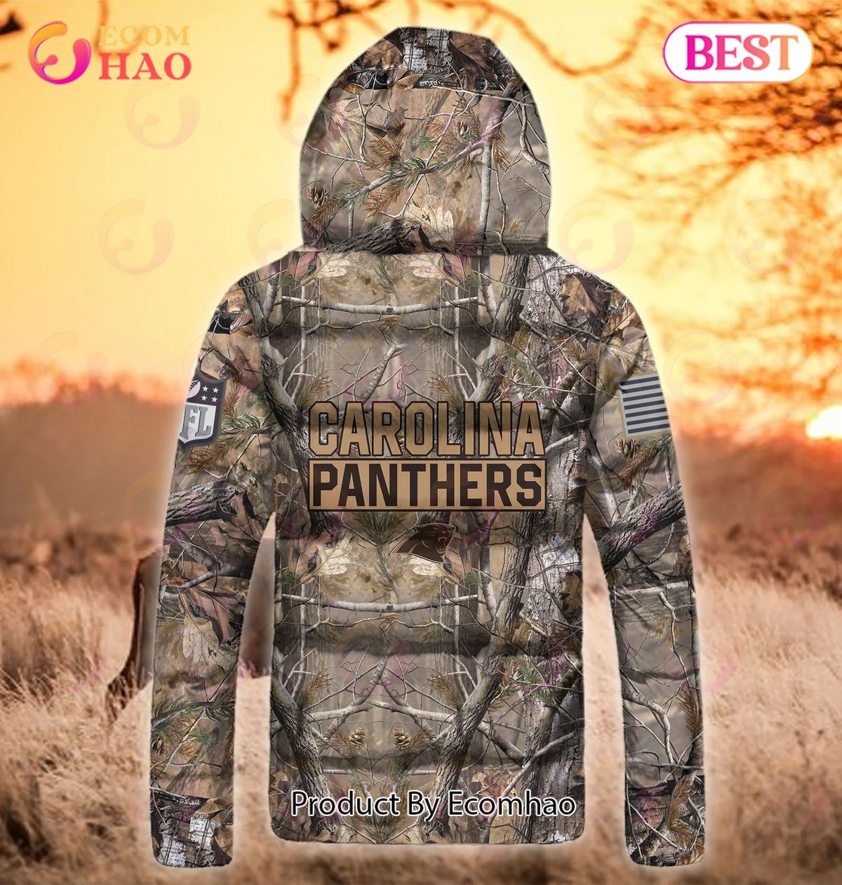 Custom Name NFL Carolina Panthers Personalized Hunting Camo Full Zip Puffer Jacket
