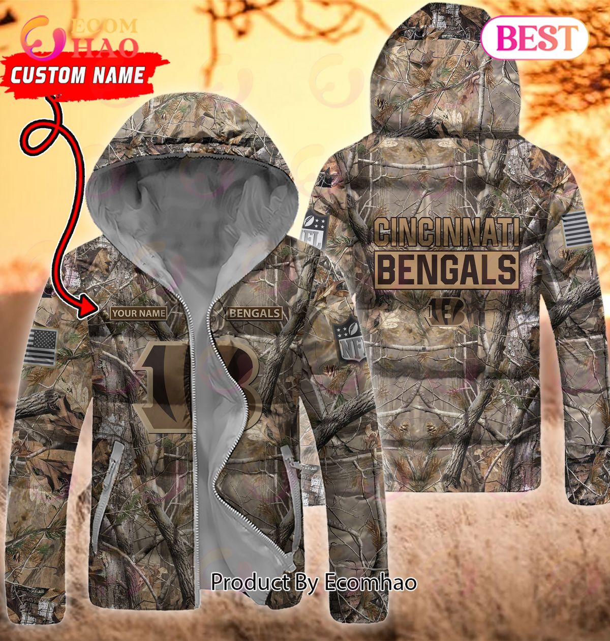 Custom Name NFL Cincinnati Bengals Personalized Hunting Camo Full Zip Puffer Jacket