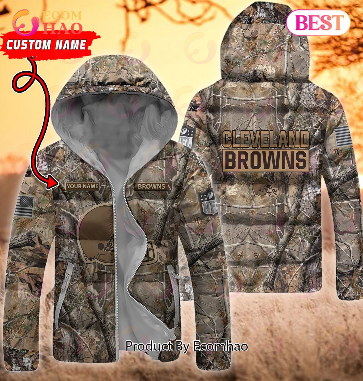 Custom Name NFL Cleveland Browns Personalized Hunting Camo Full Zip Puffer Jacket
