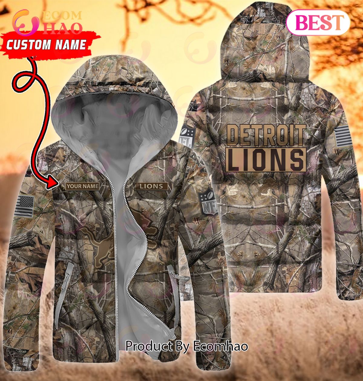 Custom Name NFL Detroit Lions Personalized Hunting Camo Full Zip Puffer Jacket