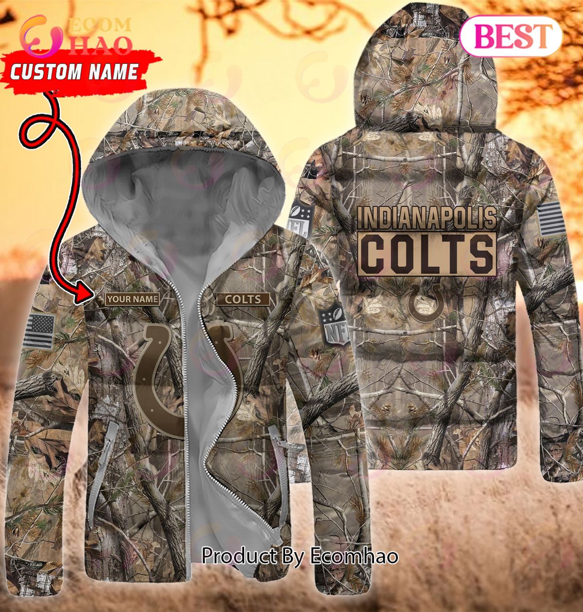 Custom Name NFL Indianapolis Colts Personalized Hunting Camo Full Zip Puffer Jacket