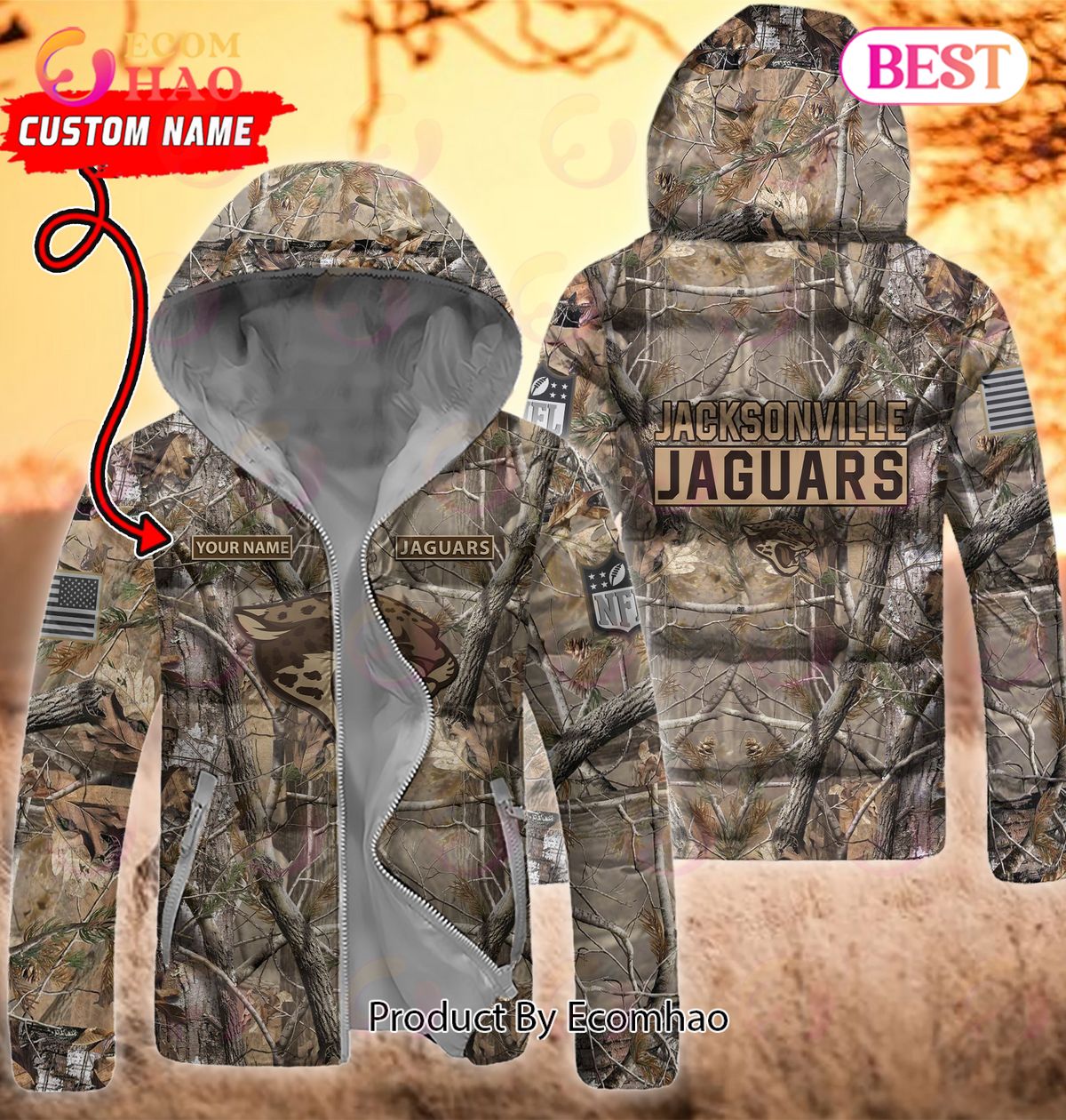 Custom Name NFL Jacksonville Jaguars Personalized Hunting Camo Full Zip Puffer Jacket