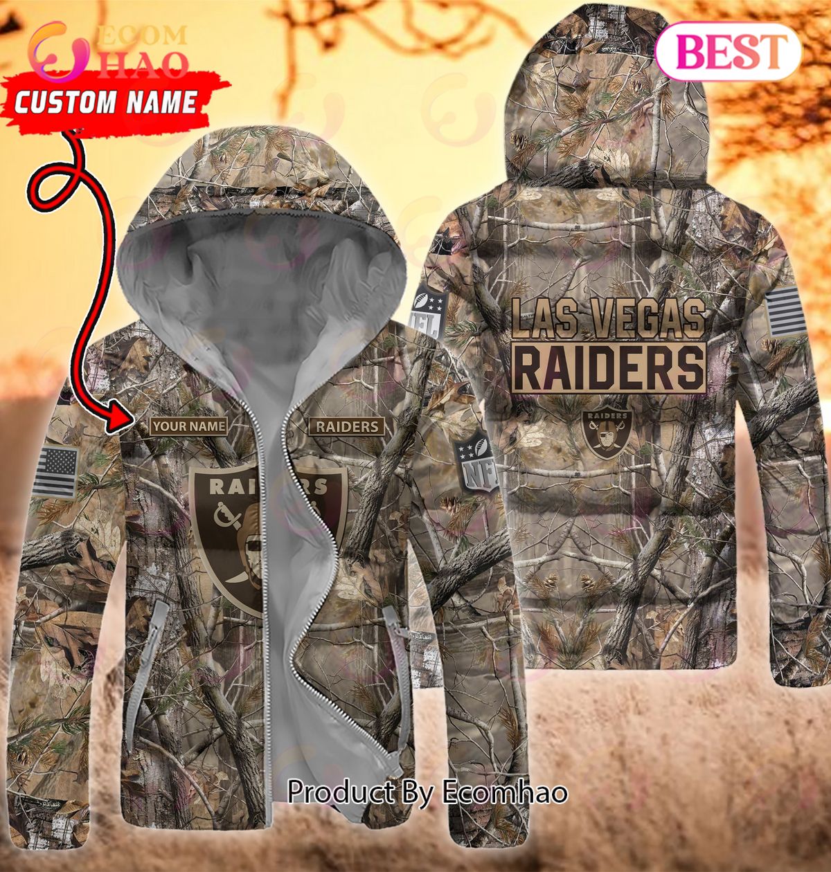 Custom Name NFL Las Vegas Raiders Personalized Hunting Camo Full Zip Puffer Jacket