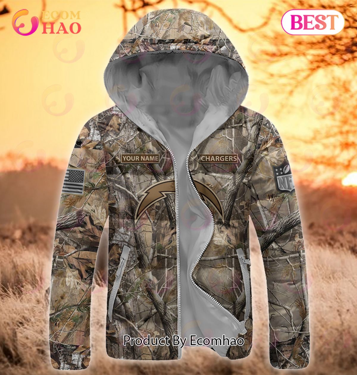 Custom Name NFL Los Angeles Chargers Personalized Hunting Camo Full Zip Puffer Jacket