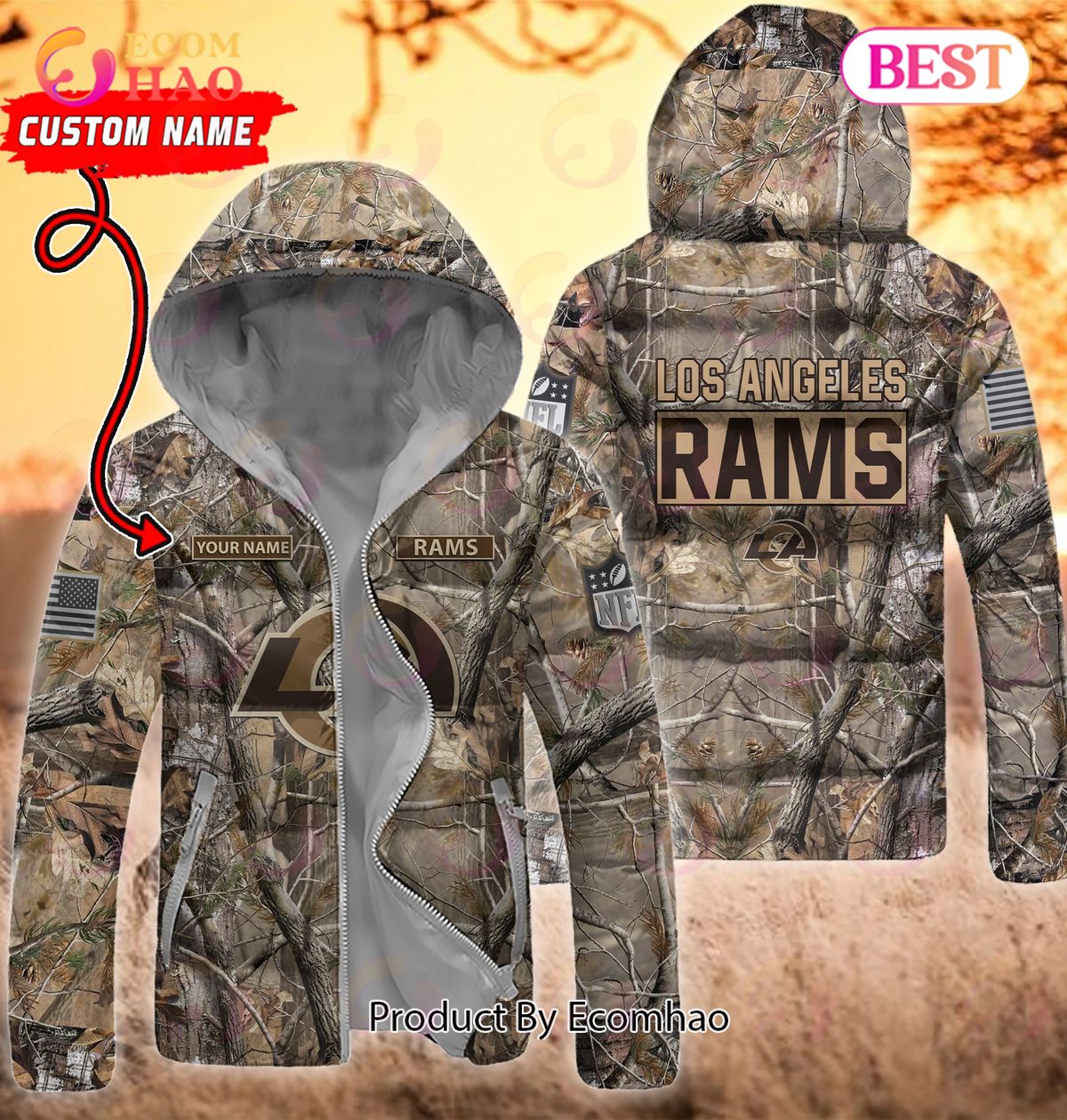 Custom Name NFL Los Angeles Rams Personalized Hunting Camo Full Zip Puffer Jacket