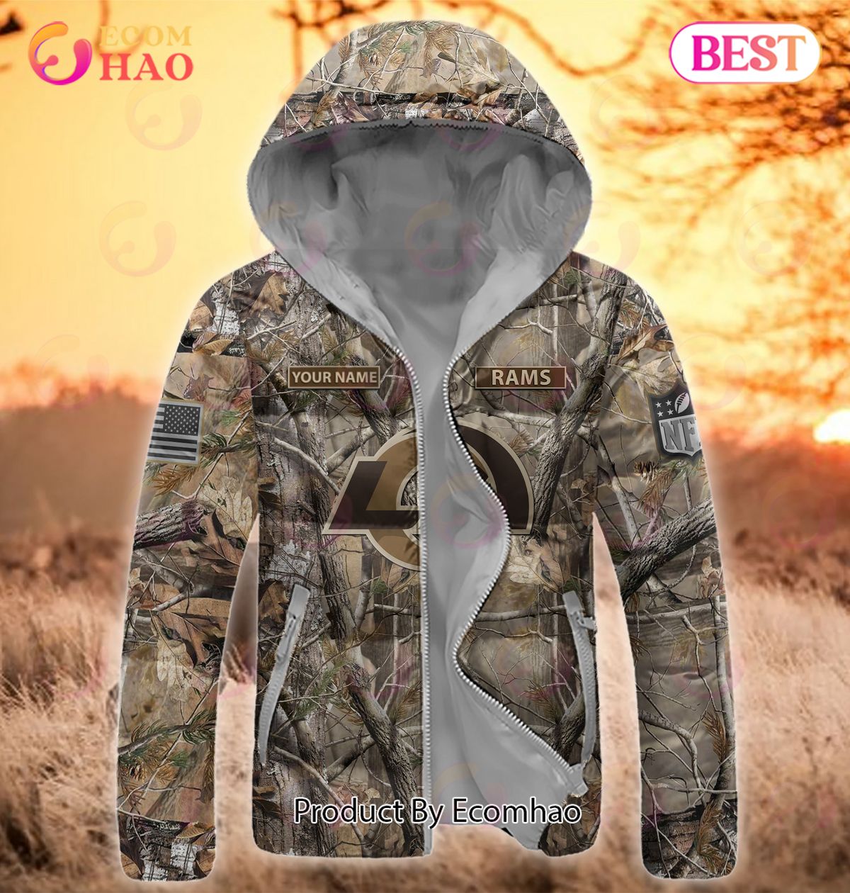 Custom Name NFL Los Angeles Rams Personalized Hunting Camo Full Zip Puffer Jacket