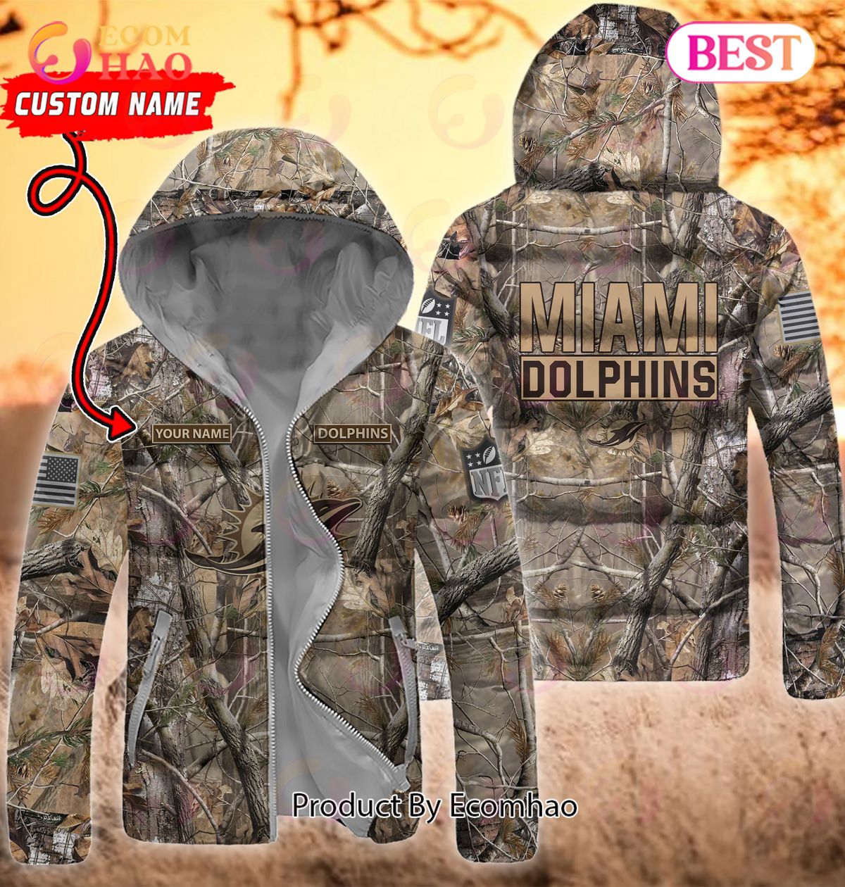 Custom Name NFL Miami Dolphins Personalized Hunting Camo Full Zip Puffer Jacket