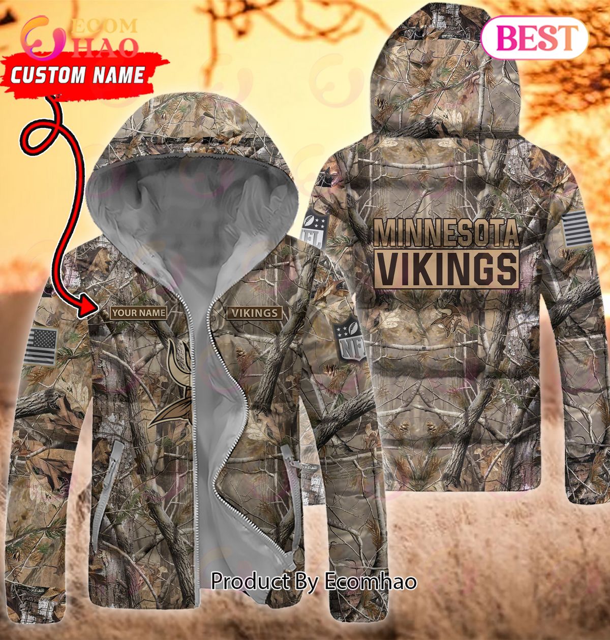 Custom Name NFL Minnesota Vikings Personalized Hunting Camo Full Zip Puffer Jacket