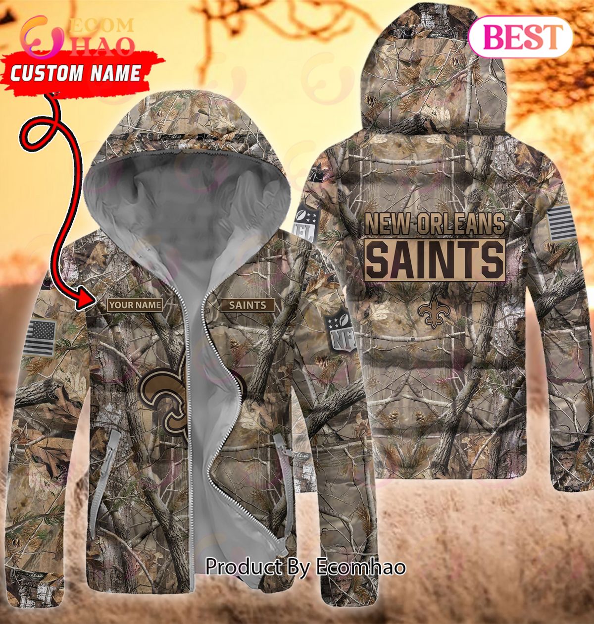 Custom Name NFL New Orleans Saints Personalized Hunting Camo Full Zip Puffer Jacket