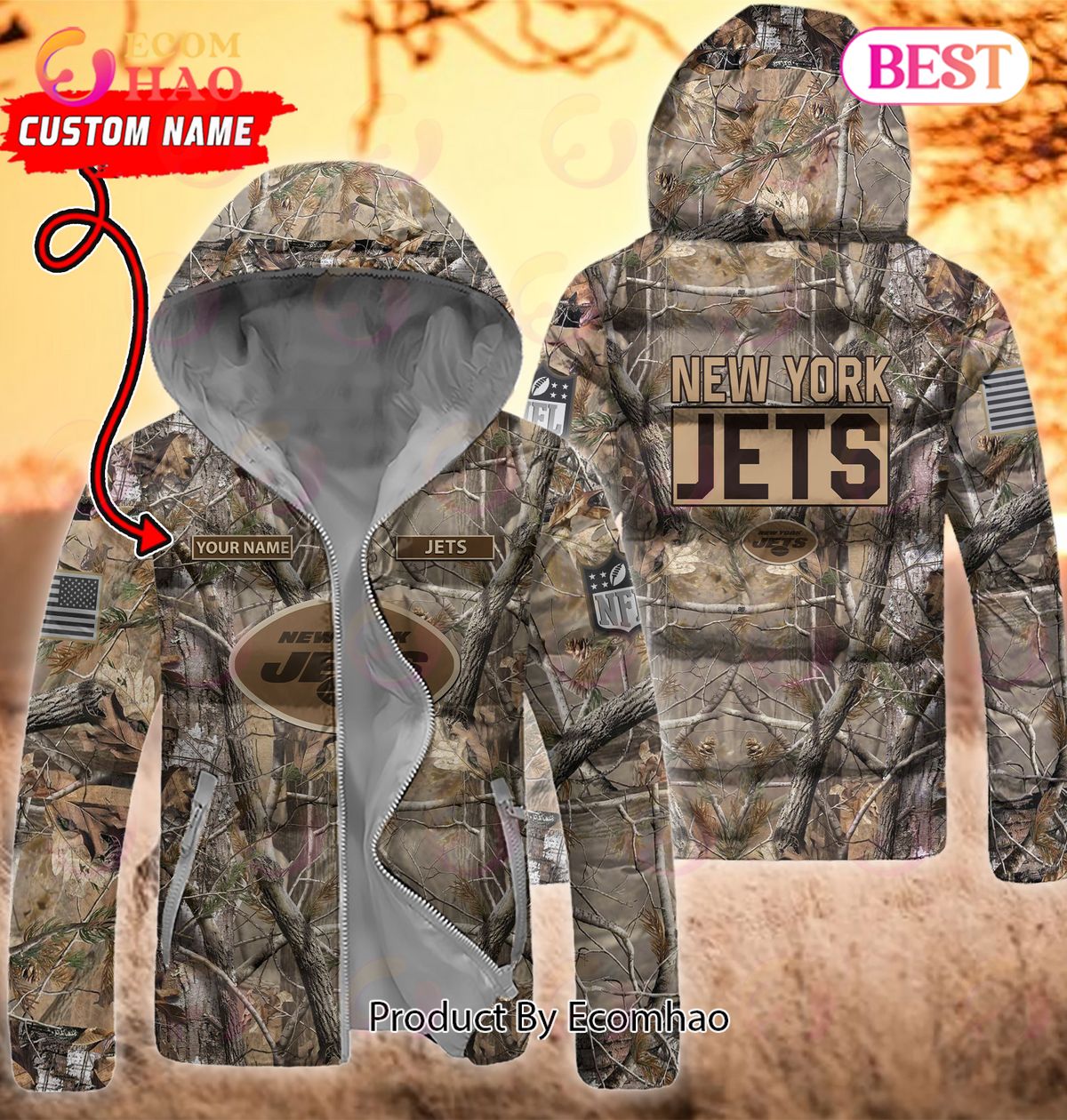 Custom Name NFL New York Jets Personalized Hunting Camo Full Zip Puffer Jacket