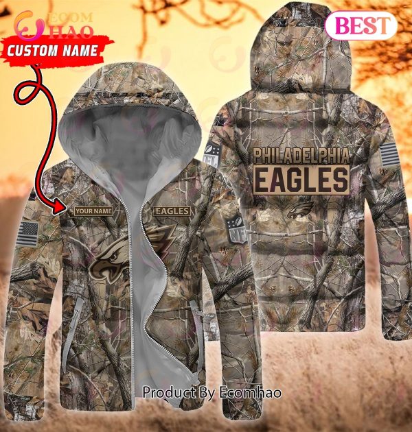 Custom Name NFL Philadelphia Eagles Personalized Hunting Camo Full Zip Puffer Jacket